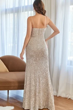 Vestido de baile de sereia de champanhe com fenda