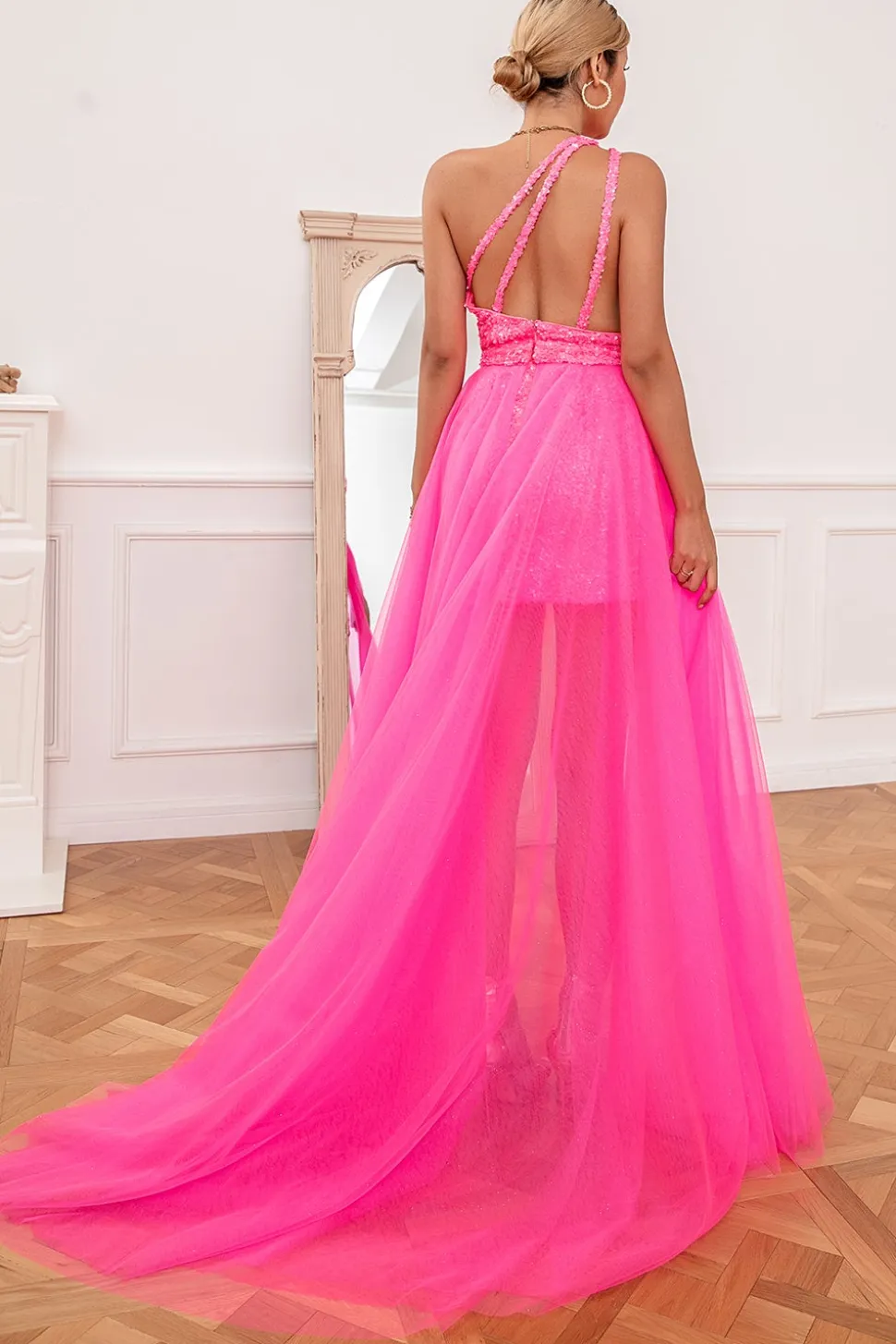 Vestido de baile de trem quente cor-de-rosa detchable