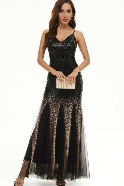 Vestido de baile de tule de lantejoulas pretas