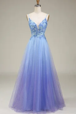 Vestido de baile de tule azul spakly com apliques