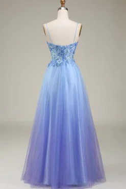 Vestido de baile de tule azul spakly com apliques