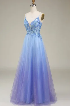 Vestido de baile de tule azul spakly com apliques