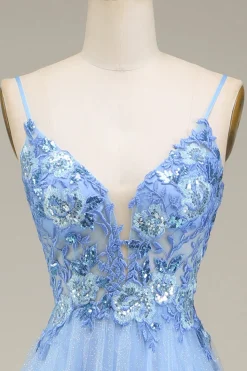 Vestido de baile de tule azul spakly com apliques
