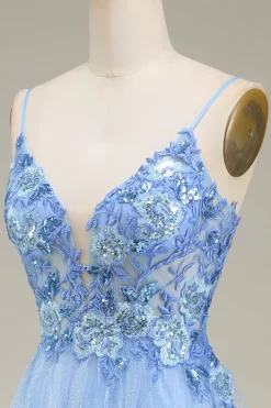 Vestido de baile de tule azul spakly com apliques