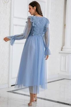 Vestido de baile de tulle de manga comprida azul