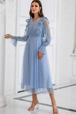Vestido de baile de tulle de manga comprida azul