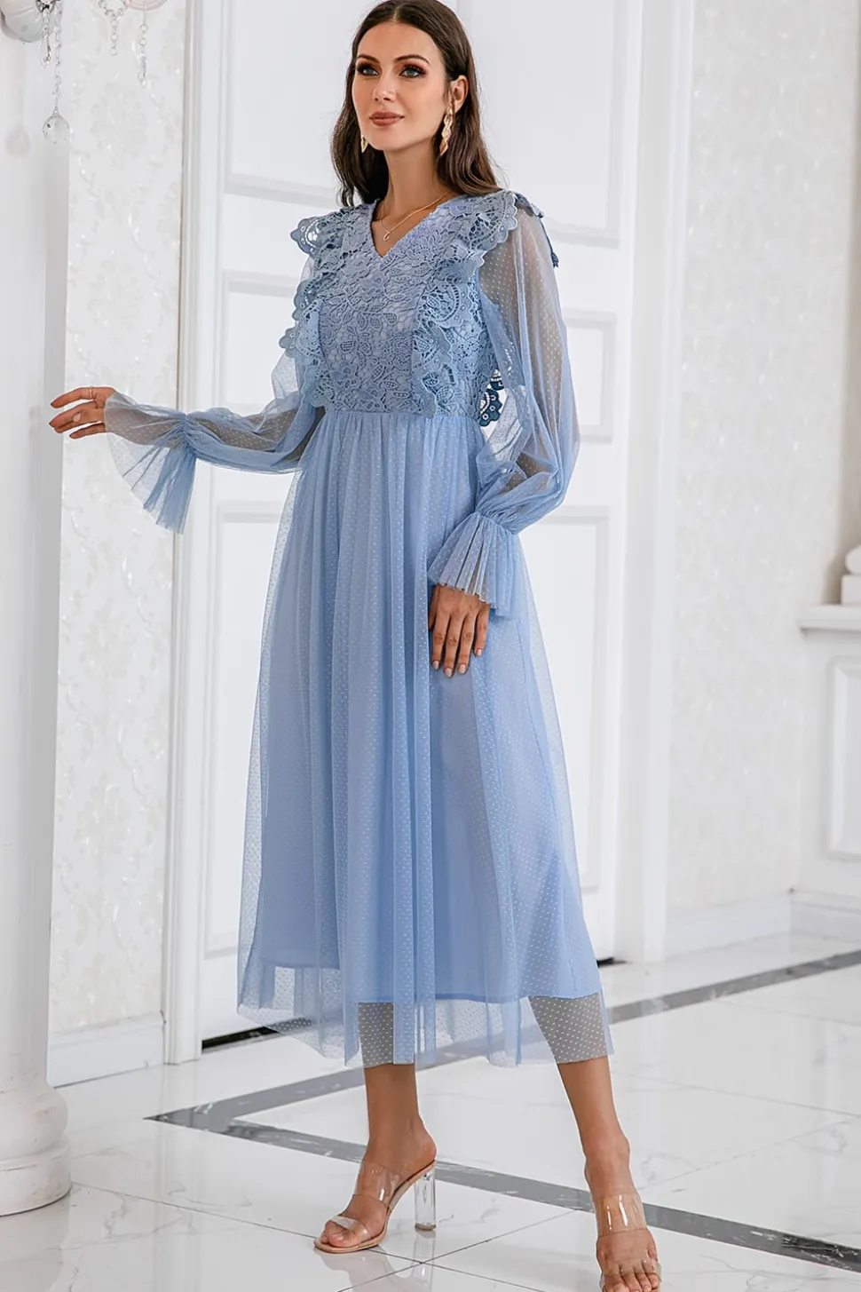 Vestido de baile de tulle de manga comprida azul