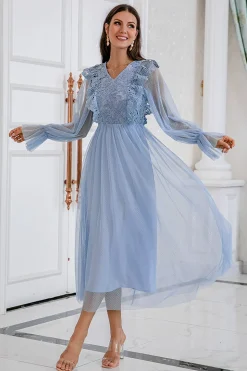 Vestido de baile de tulle de manga comprida azul