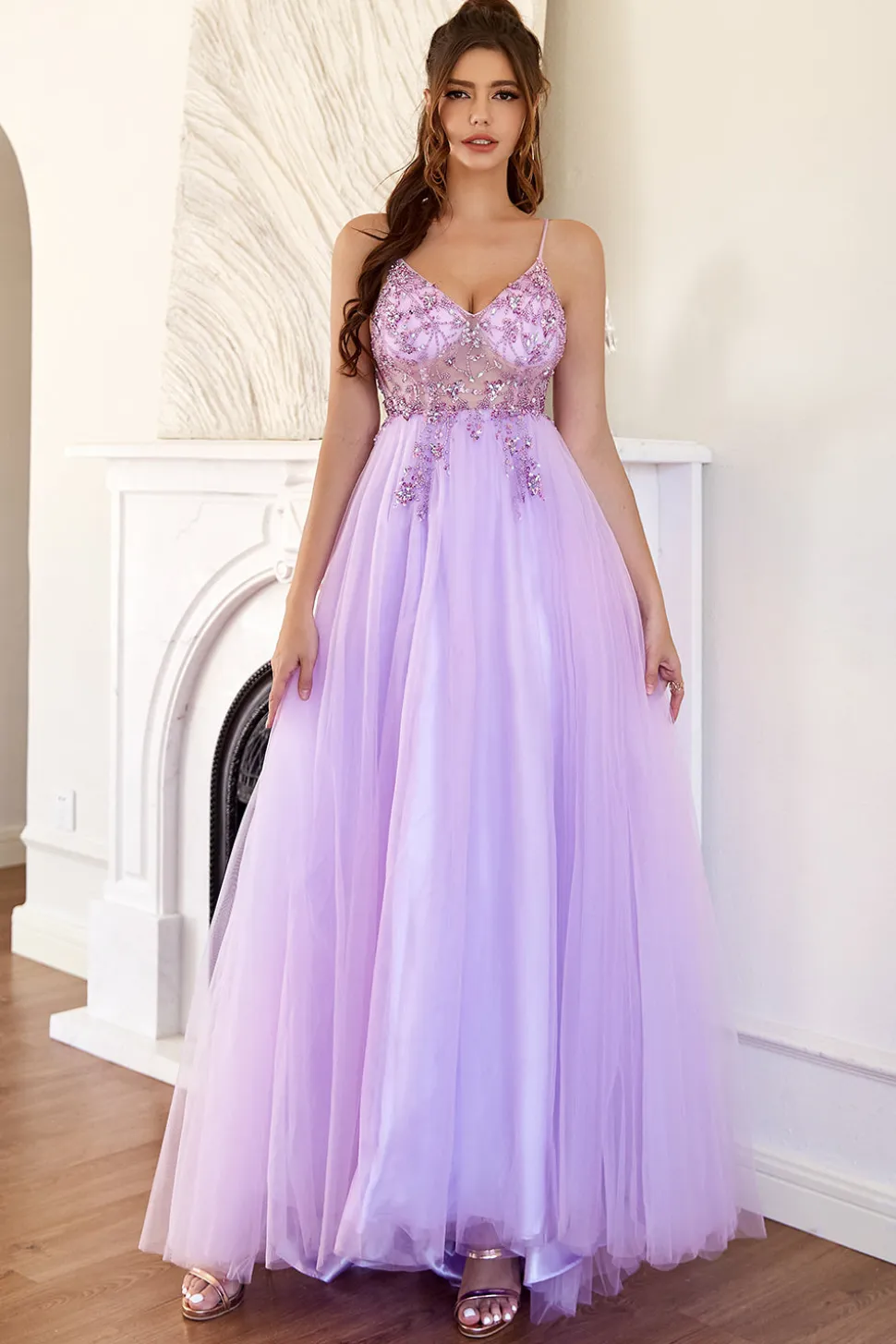 Vestido de baile de tulle de missanga roxa