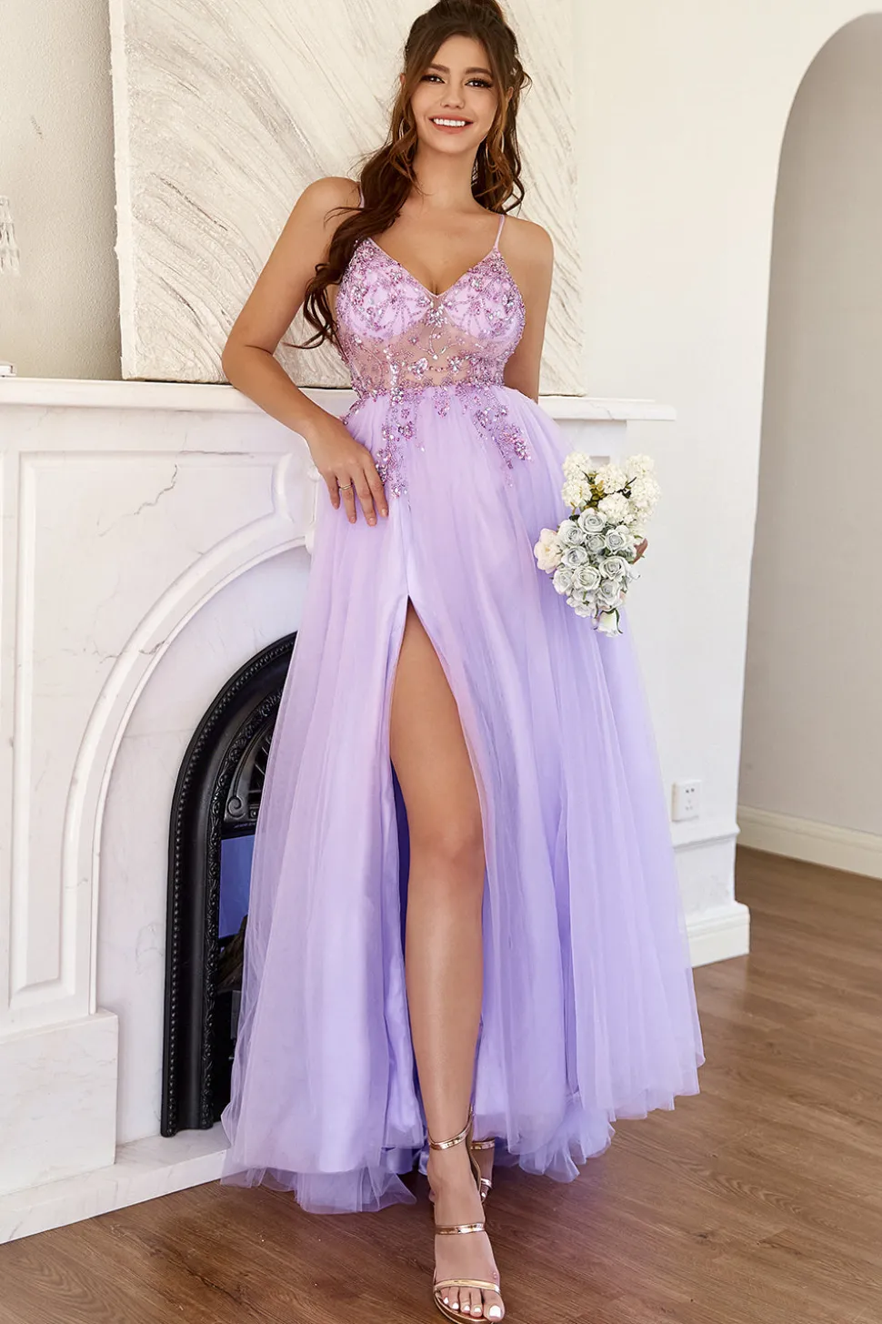 Vestido de baile de tulle de missanga roxa