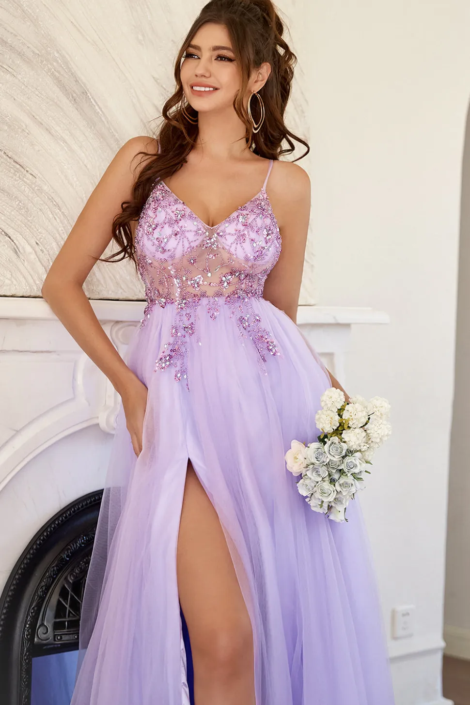 Vestido de baile de tulle de missanga roxa