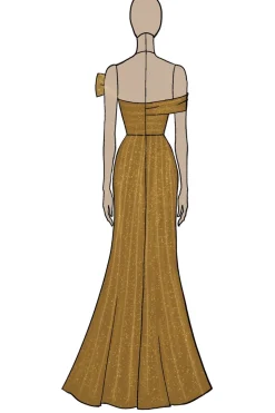 Vestido De Baile Dourado com Fenda Longo Fora do Ombro Cetim