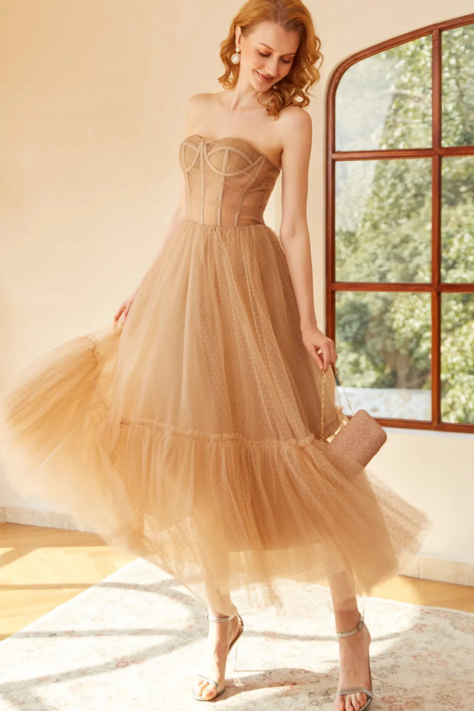 Vestido de Baile Khaki Pontos de Polka