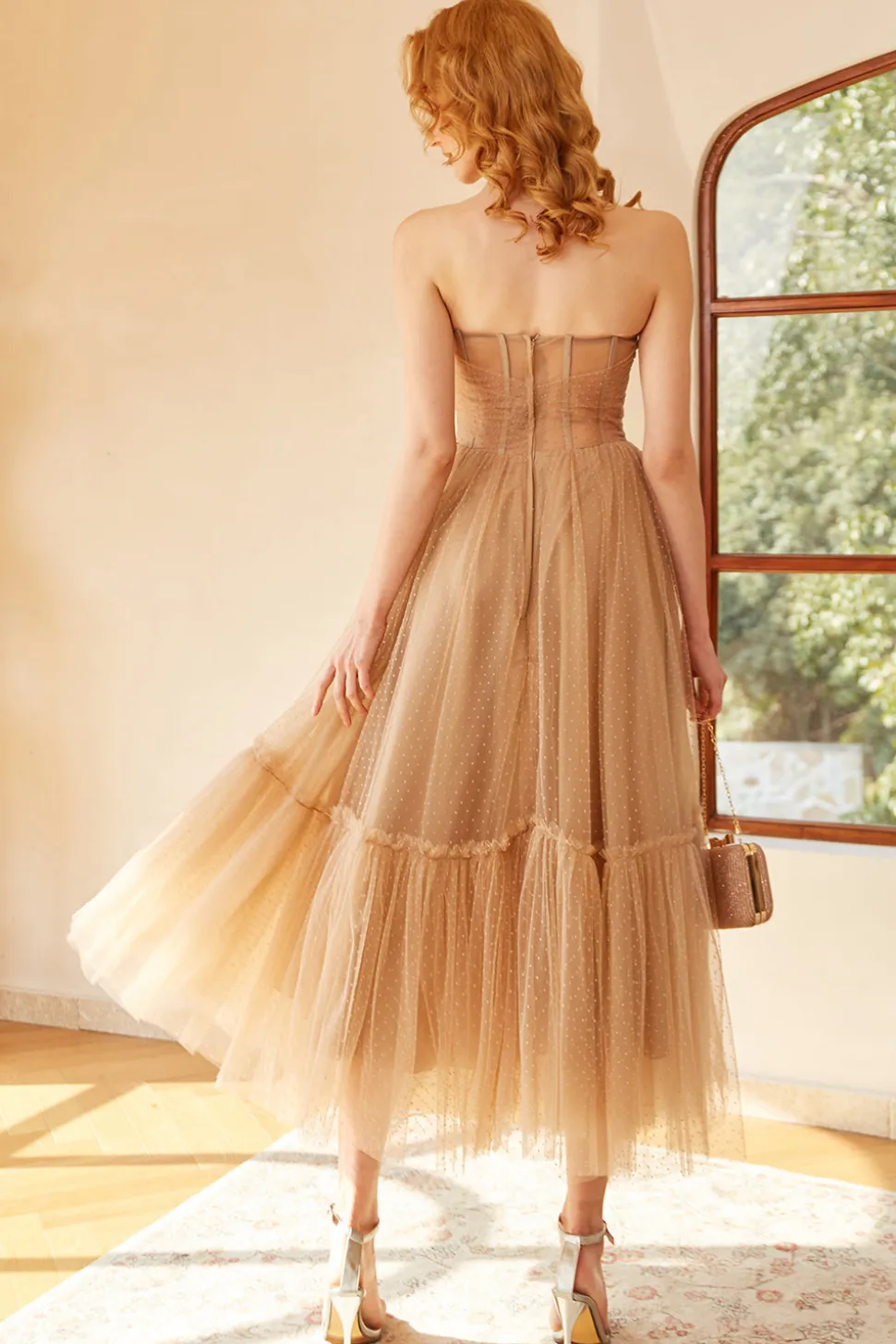Vestido de Baile Khaki Pontos de Polka