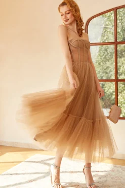 Vestido de Baile Khaki Pontos de Polka