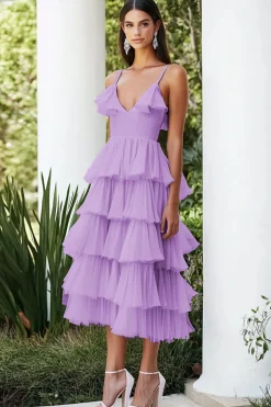 Vestido De Baile Lilás Linha-A Midi Alças Finas Chiffon Babados