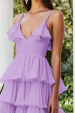 Vestido De Baile Lilás Linha-A Midi Alças Finas Chiffon Babados