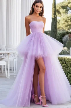 Vestido De Baile Lilás Sem Alças Longo Linha-A Tule Assimétrico
