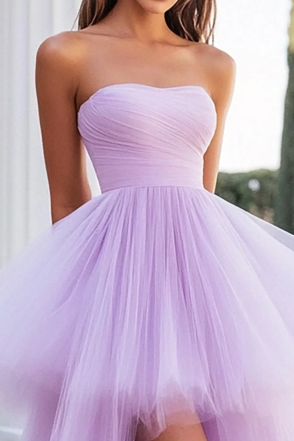 Vestido De Baile Lilás Sem Alças Longo Linha-A Tule Assimétrico