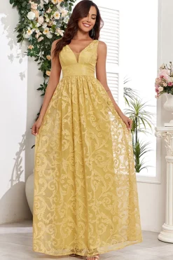 Vestido de baile longo amarelo V-neck com apliques