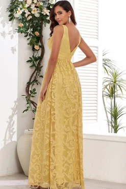 Vestido de baile longo amarelo V-neck com apliques
