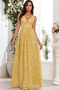 Vestido de baile longo amarelo V-neck com apliques