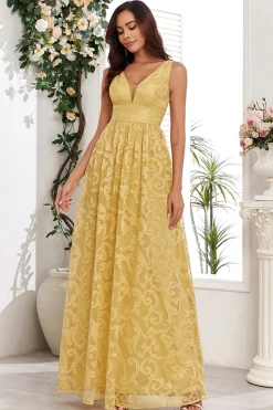 Vestido de baile longo amarelo V-neck com apliques