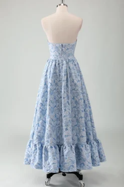 Vestido de baile longo azul Strapless A-Line com cinto