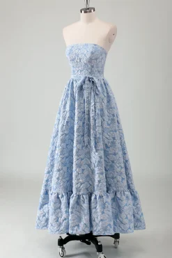 Vestido de baile longo azul Strapless A-Line com cinto