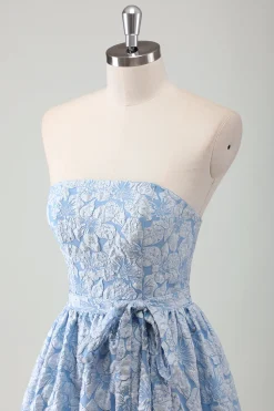 Vestido de baile longo azul Strapless A-Line com cinto