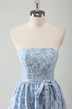 Vestido de baile longo azul Strapless A-Line com cinto