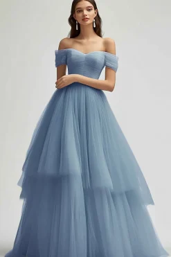 Vestido De Baile Longo Azul Cinzento Linha-A Tule