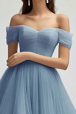 Vestido De Baile Longo Azul Cinzento Linha-A Tule