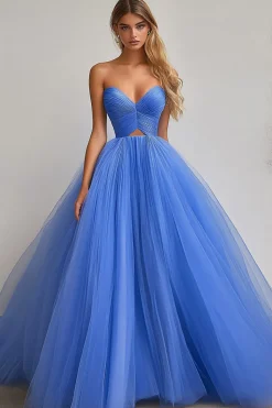 Vestido De Baile Longo Azul Linha-A Tule Sem Alças