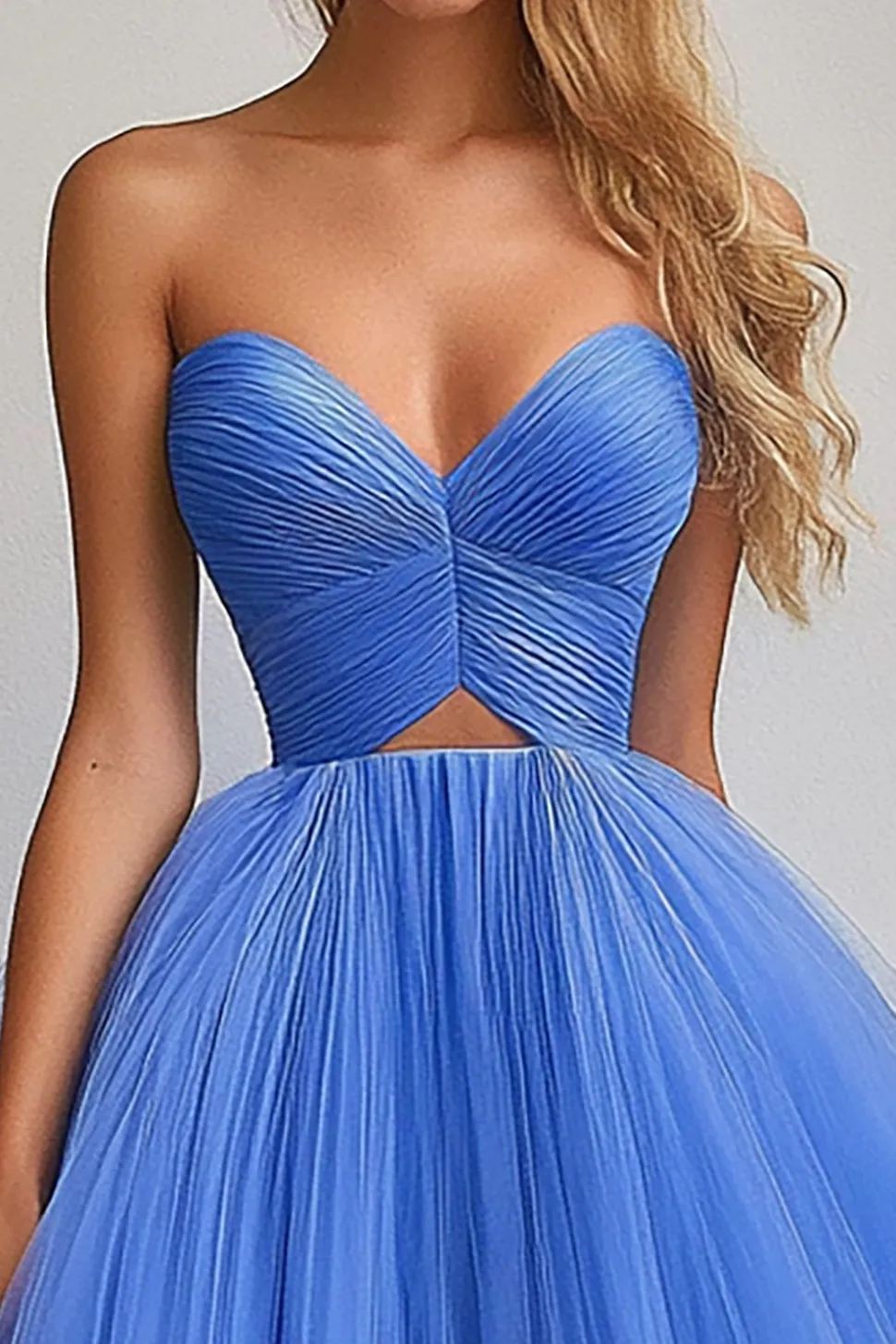 Vestido De Baile Longo Azul Linha-A Tule Sem Alças