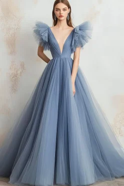 Vestido De Baile Longo Cinzento Azul Tule Linha-A Decote em V