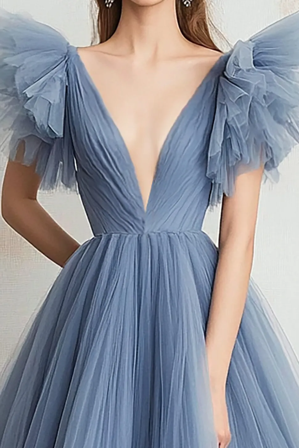 Vestido De Baile Longo Cinzento Azul Tule Linha-A Decote em V