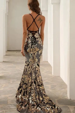 Vestido de baile longo da sereia de lantejoulas de ouro