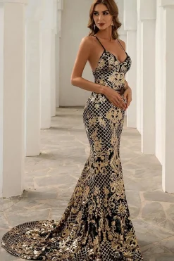 Vestido de baile longo da sereia de lantejoulas de ouro