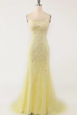 Vestido de baile longo da sereia amarela com apliques
