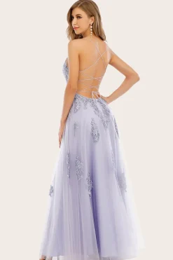 Vestido de baile longo de lavanda tulle com renda