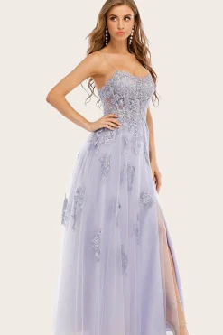 Vestido de baile longo de lavanda tulle com renda