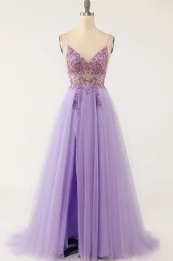 Vestido de baile longo de tulle de contas roxas