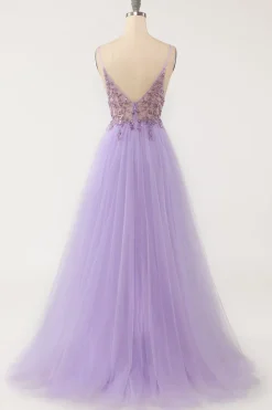 Vestido de baile longo de tulle de contas roxas