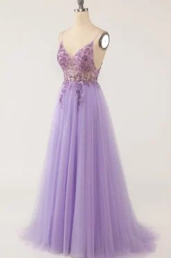 Vestido de baile longo de tulle de contas roxas