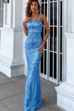 Vestido de baile longo de sereia azul