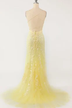 Vestido de baile longo de sereia roxa clara com apliques