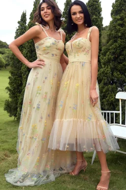 Vestido de baile longo de champanhe com bordado