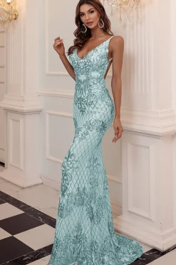 Vestido de baile longo de lantejoulas azuis