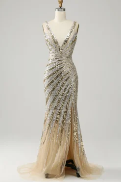 Vestido De Baile Longo Dourado Sereia Decote em V Lantejoulas